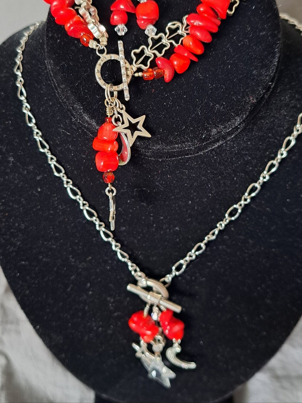 Red Coral Bead Layered Necklace Set with Star & Crescent Charms